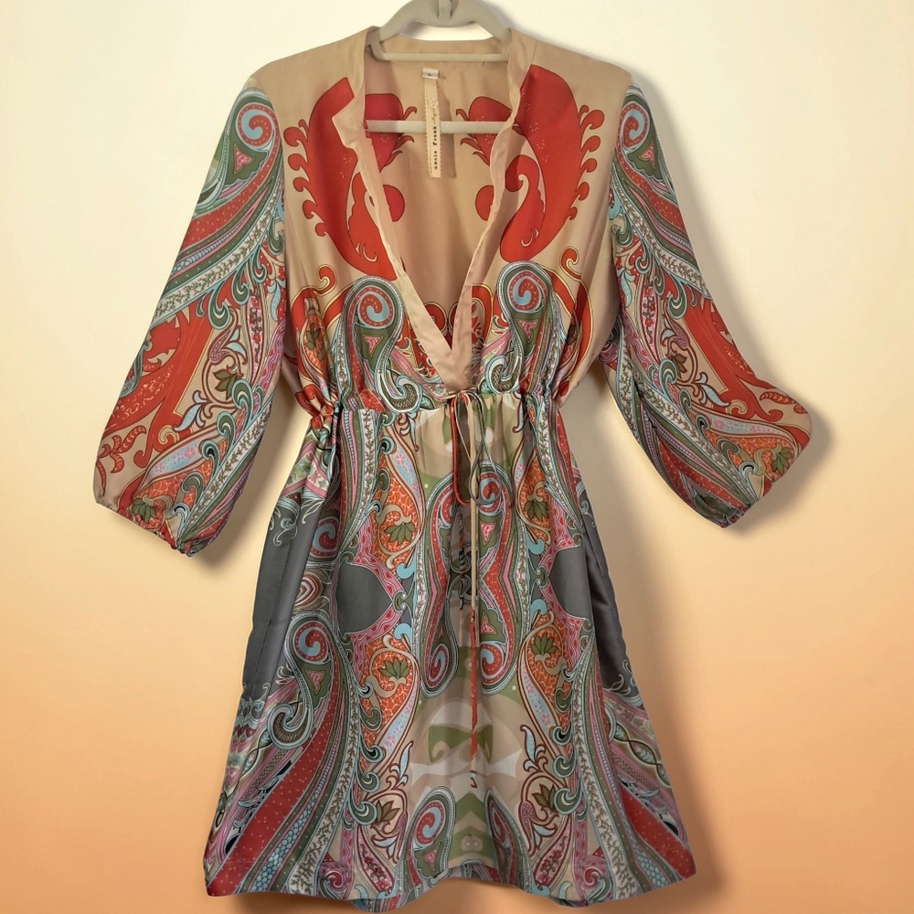 Uncle Frank Cynthia Dress Large Red Cream Paisley V-neck Boho Beauty!!!